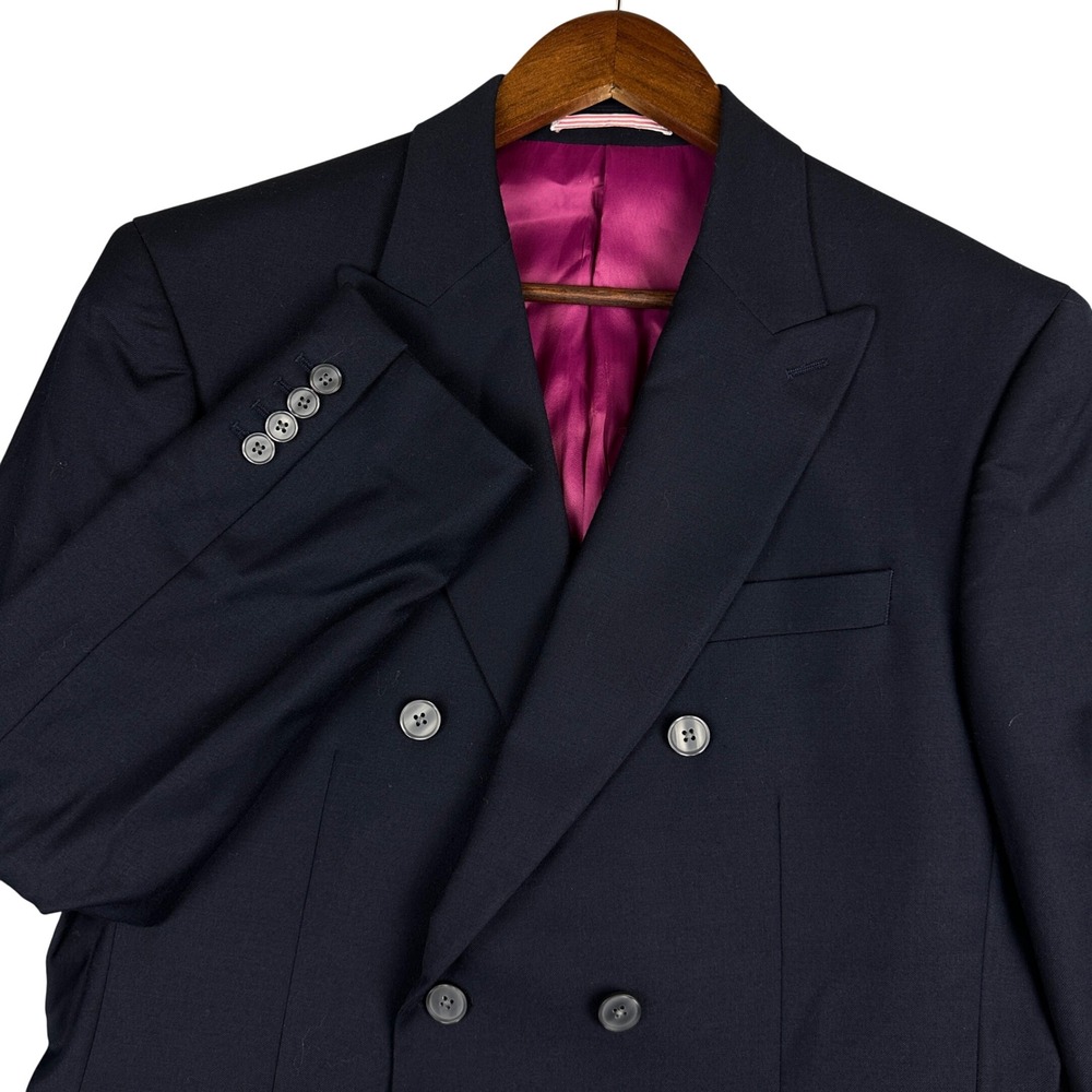 Charles Tyrwhitt Mens 40R Slim Fit Navy Wool Double Breasted Blazer Peak Lapel